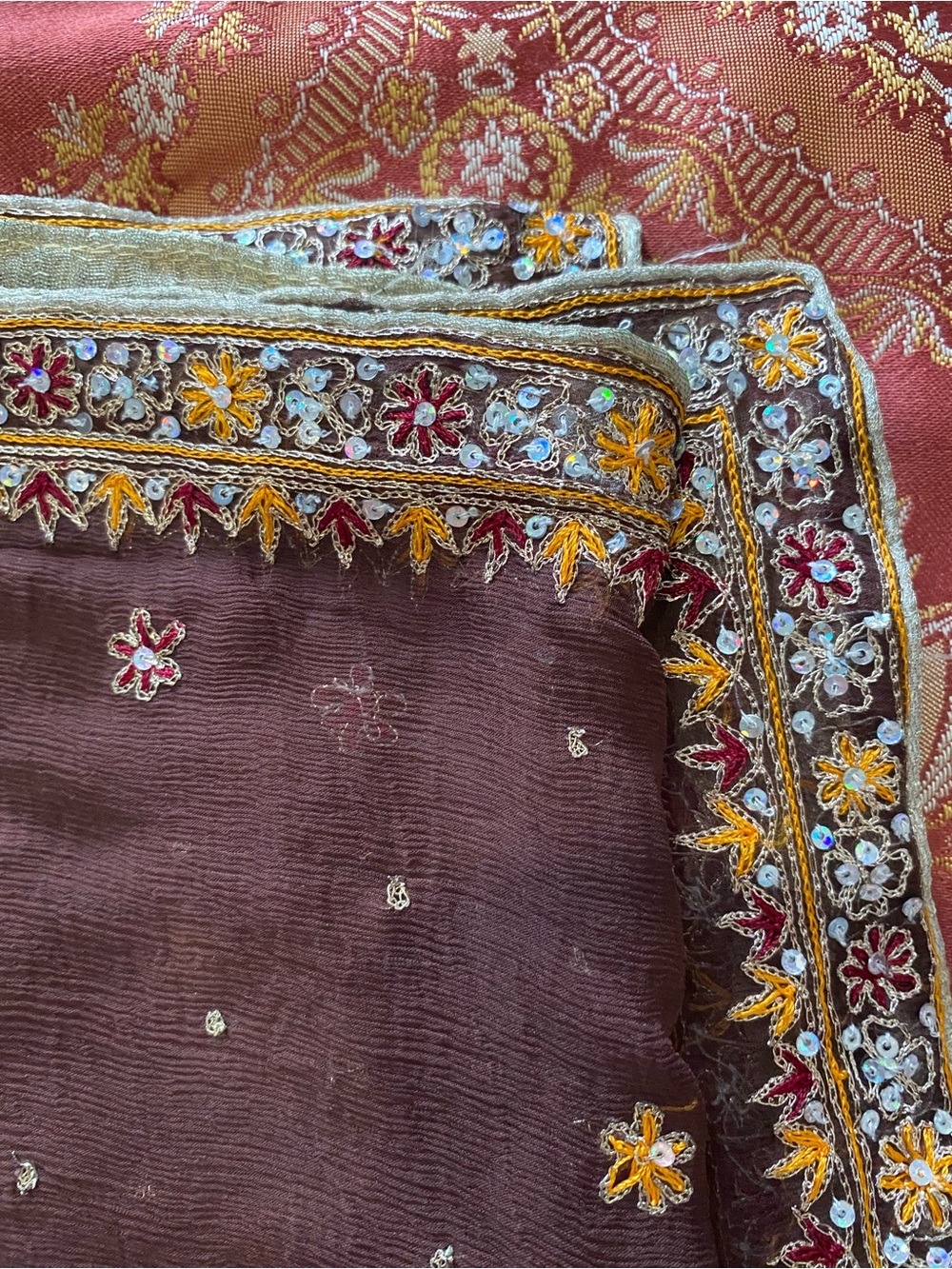 Embroidered Brown Sheer Scarf with Gold & Marigold Accents - Picture 5 of 7